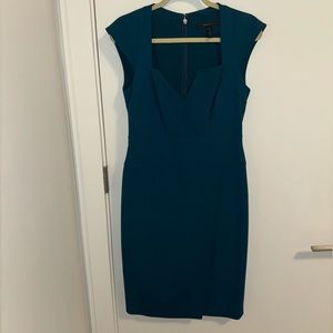 BCBG Maxazria midi dress. Teal with slit and hidden skirt.